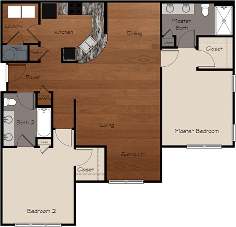 Floor plan for 2 beds, 2 baths, 1260 sqft